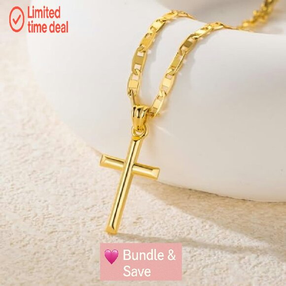 14K Gold Cross Pendant Necklace 26mm Minimalist Faith Chain - Picture 6 of 8